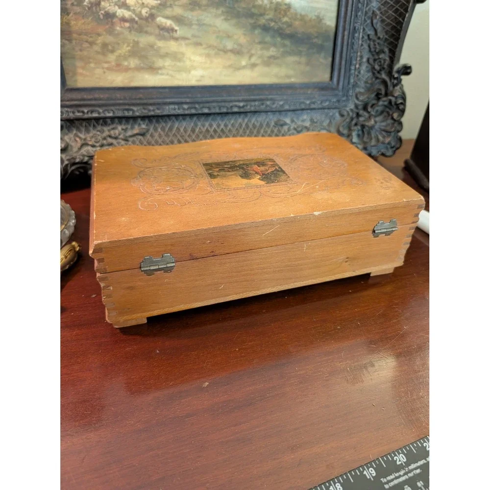 Vintage Wood Jewelry Box Hand Carved Cottage Landscape 11x7x4 AS IS